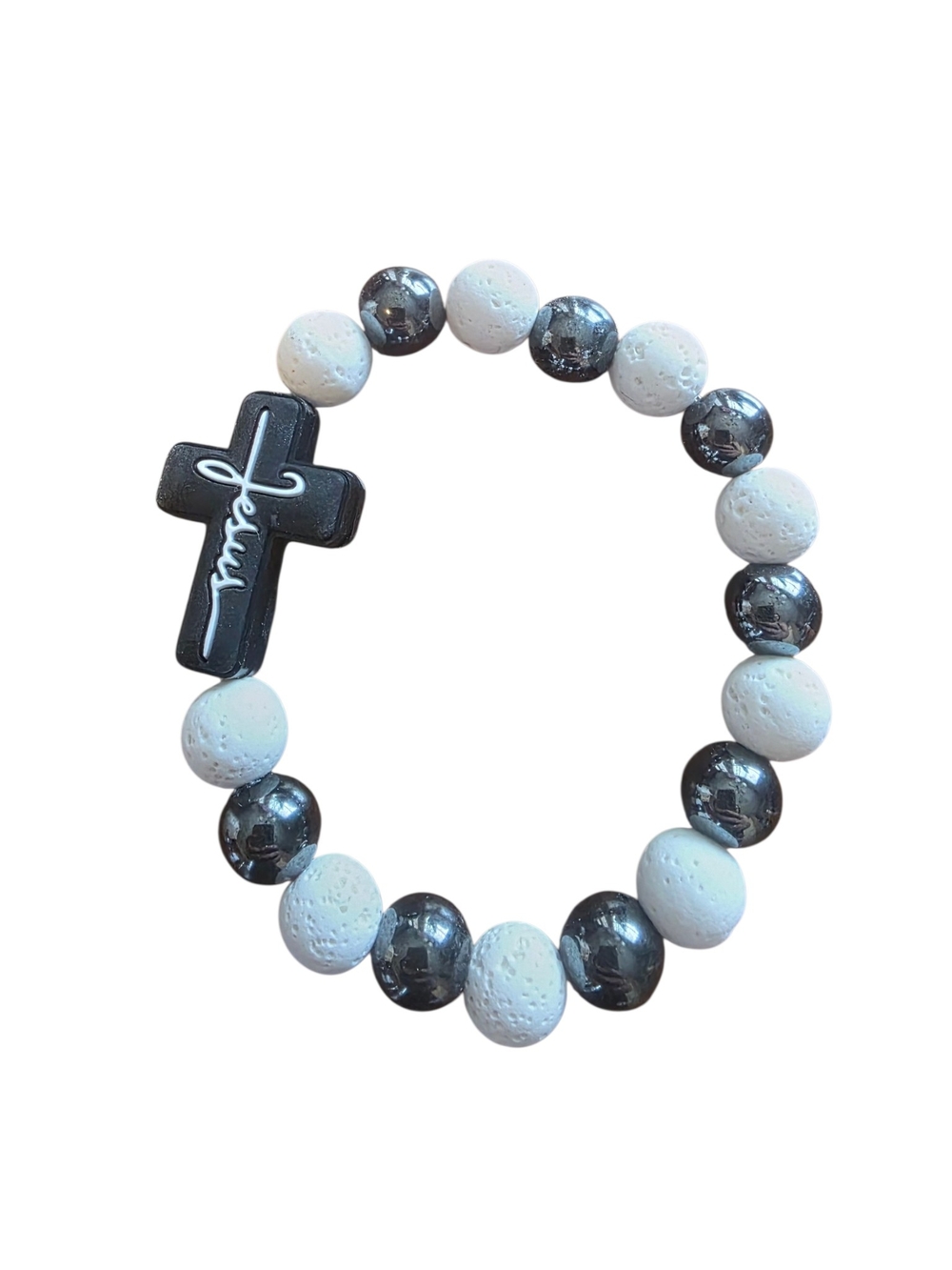 Handcrafted Black Hematite and White Lava Rock Jesus Cross Stretch Bracelet
